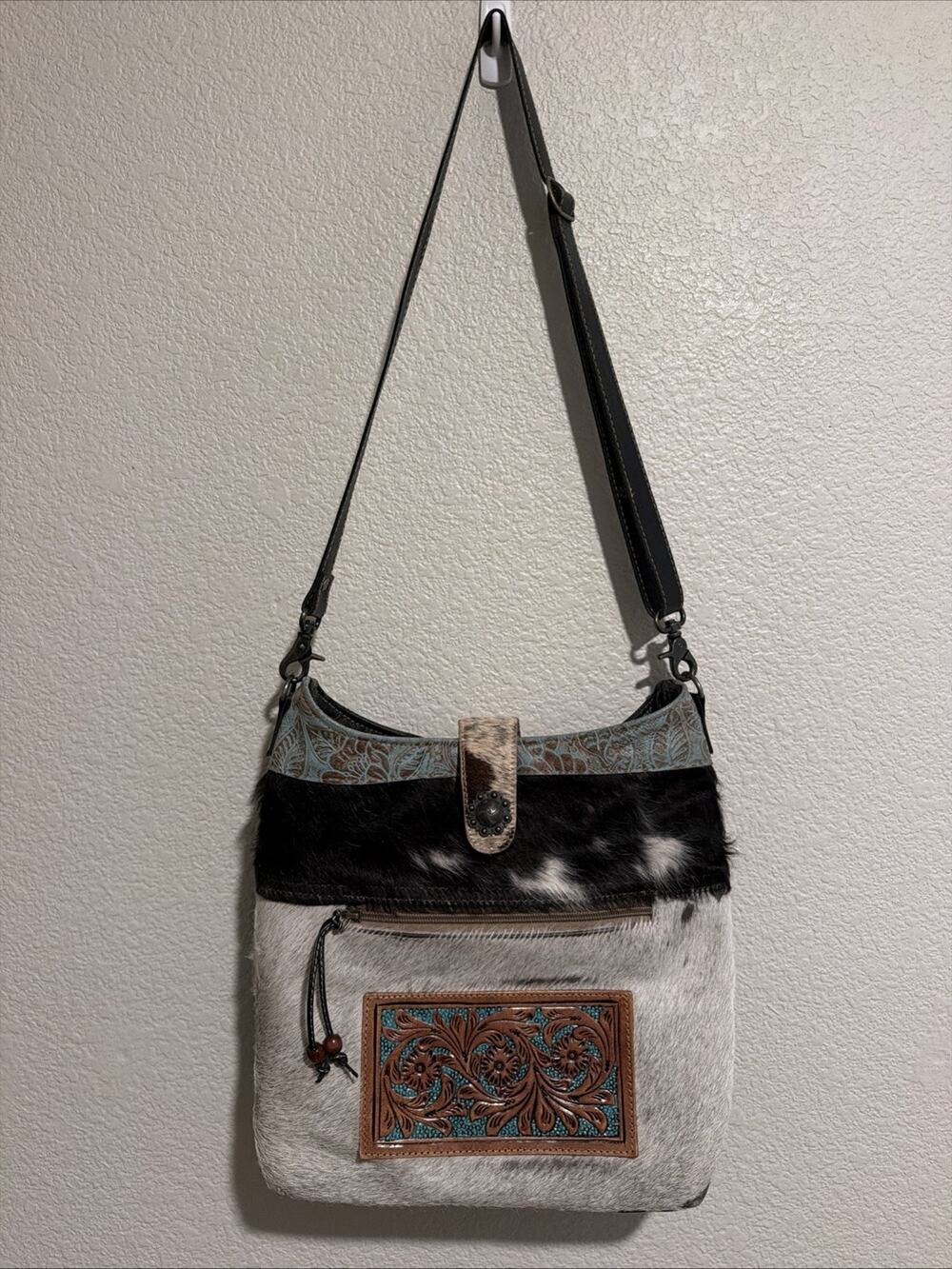 Myra Cowhide Hair On Crossbody Bag Tooled Leather Flap Western Purse Boho Black